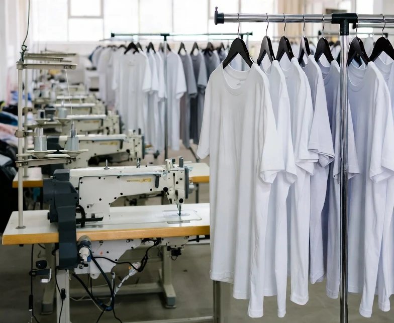 Sewing cotton T-shirts on the factory floor