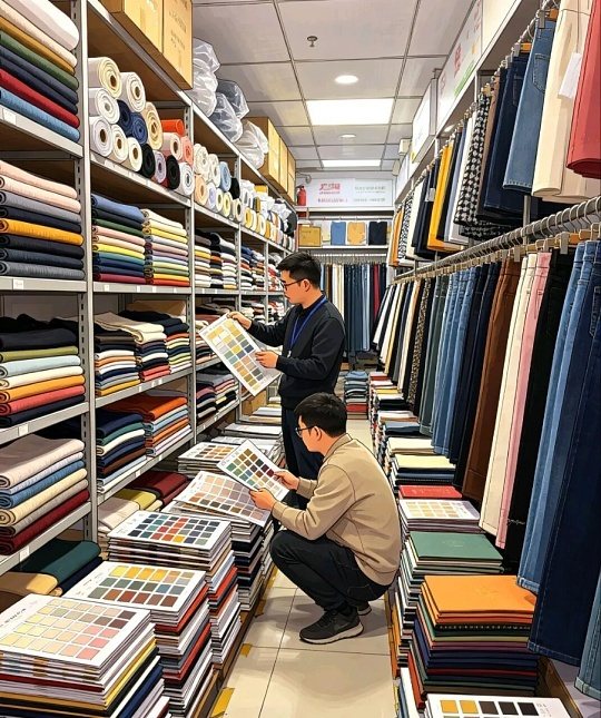 Choosing fabric at Zhongda textile market